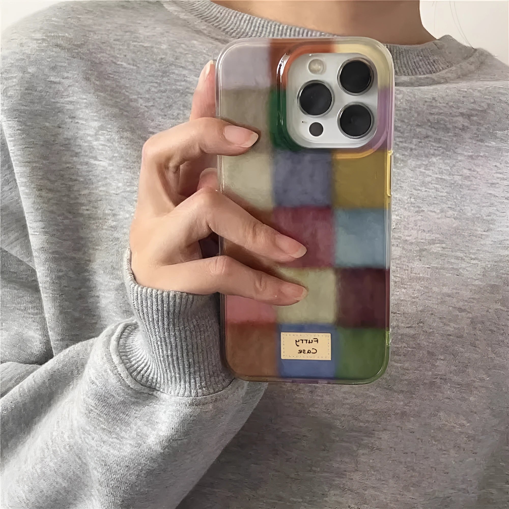 All-inclusive silicone phone case with feather yarn IMD retro small squares design for iPhone models
