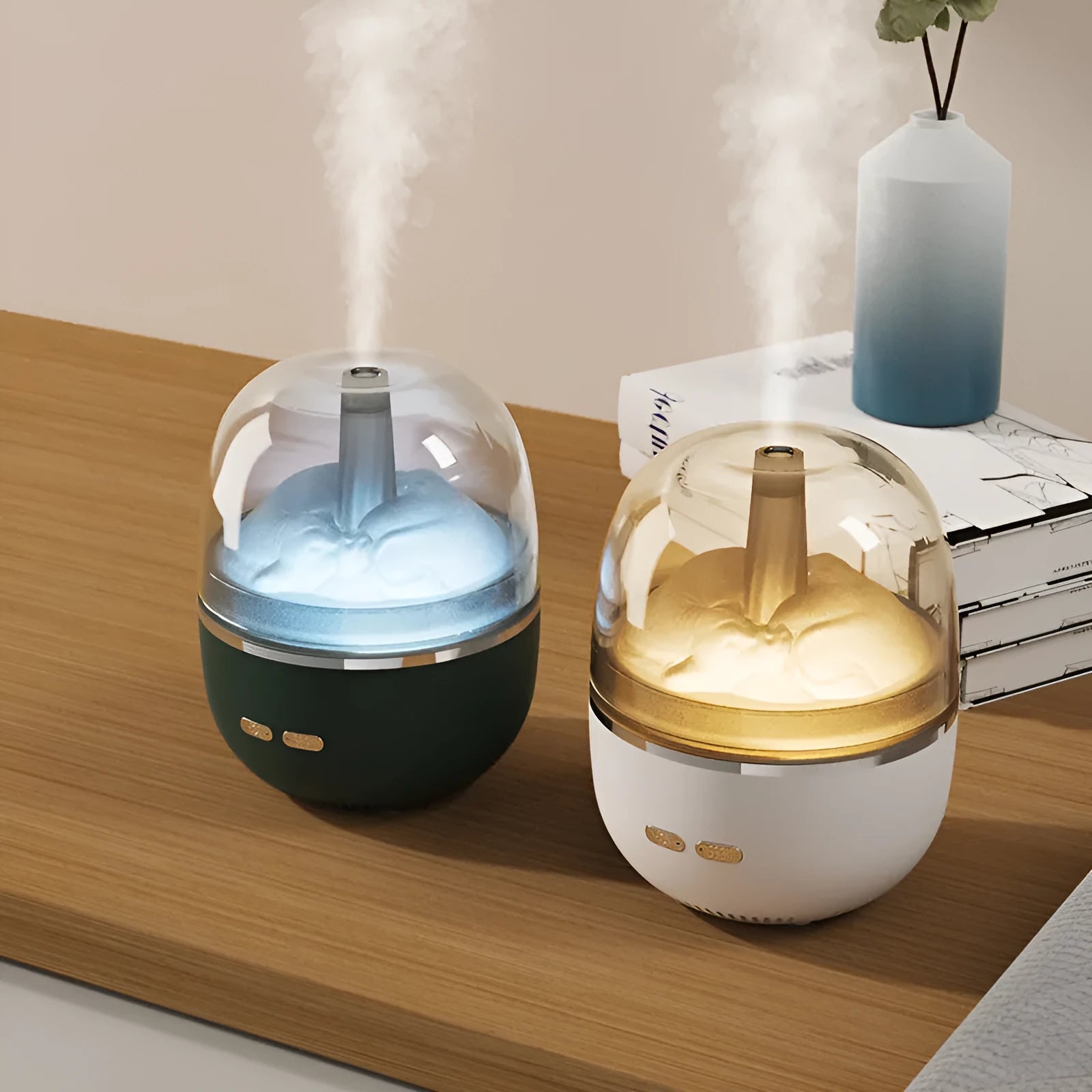 Green ultrasonic aromatherapy humidifier with heavy fog and colourful gradient light on a desk