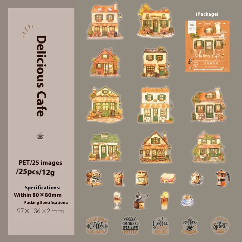 Encounter Cafe Series hand account sticker package with retro style, six colour themes, 25 or 75 stickers for scrapbooking