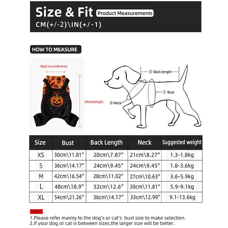 Halloween pet dog costume in polyester with creative print, available in two colours and sizes XS to XL.