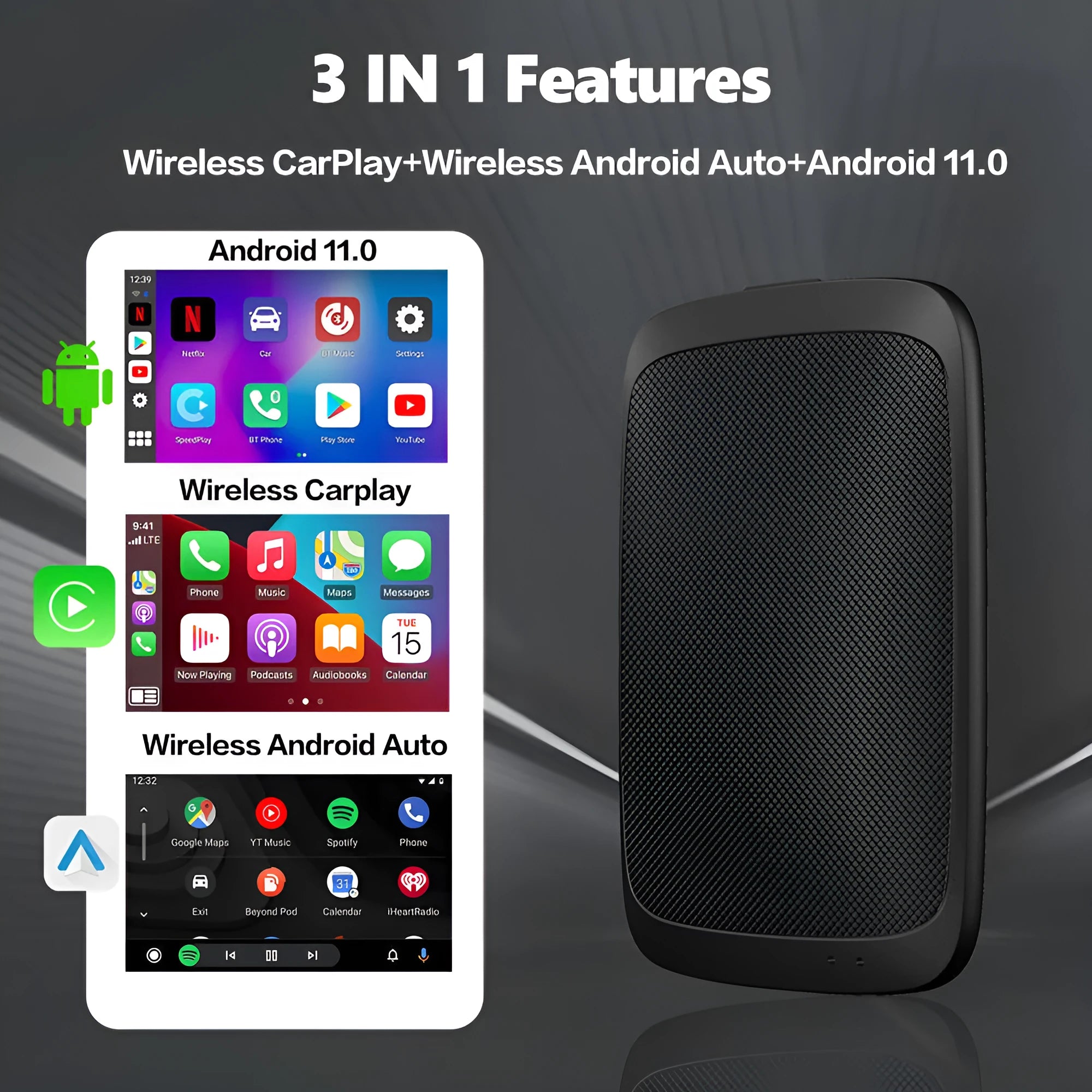 Black Carplay Box with 9-inch touch screen for Android 11 vehicle upgrade