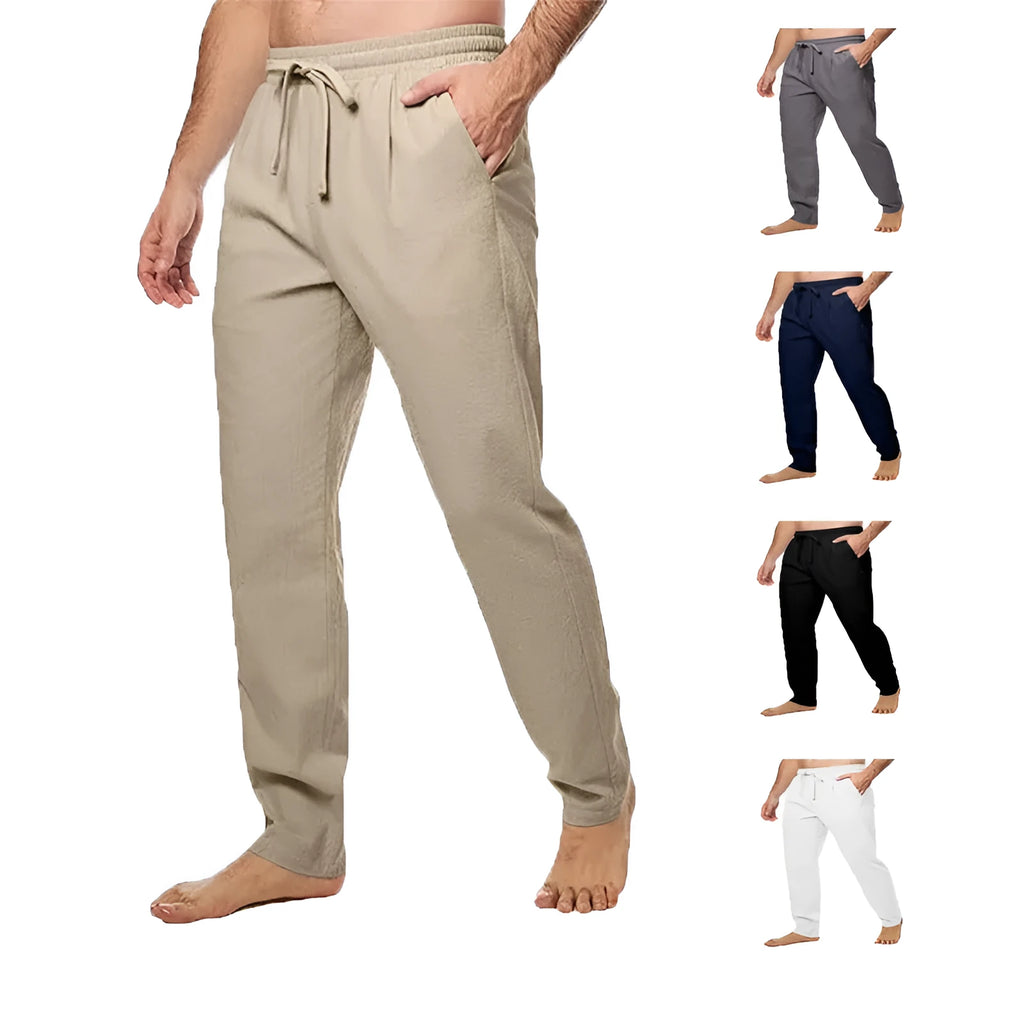 Men's cotton and linen trousers in loose straight-leg cut with drawstring waist, shown in five colours and sizes M to 5XL