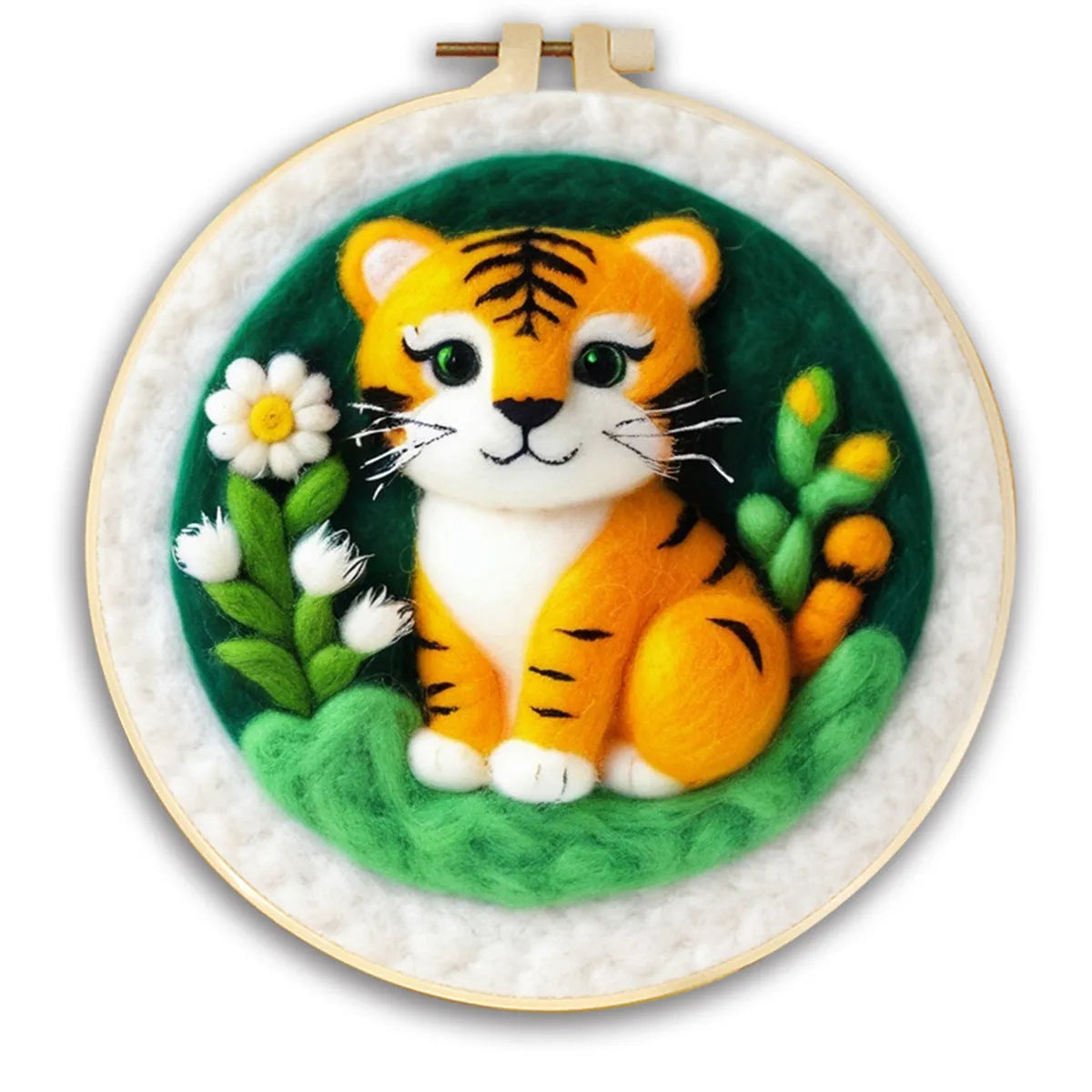 Round linen embroidery frame with wool felt floral decoration kit for three-dimensional wall art