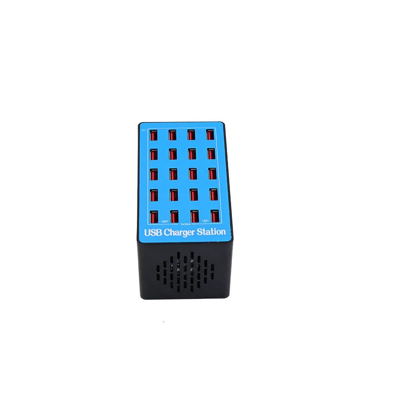 20-port USB charging station in Blue A5 with PC ABS fire retardant housing and UK EU US AU power supply option