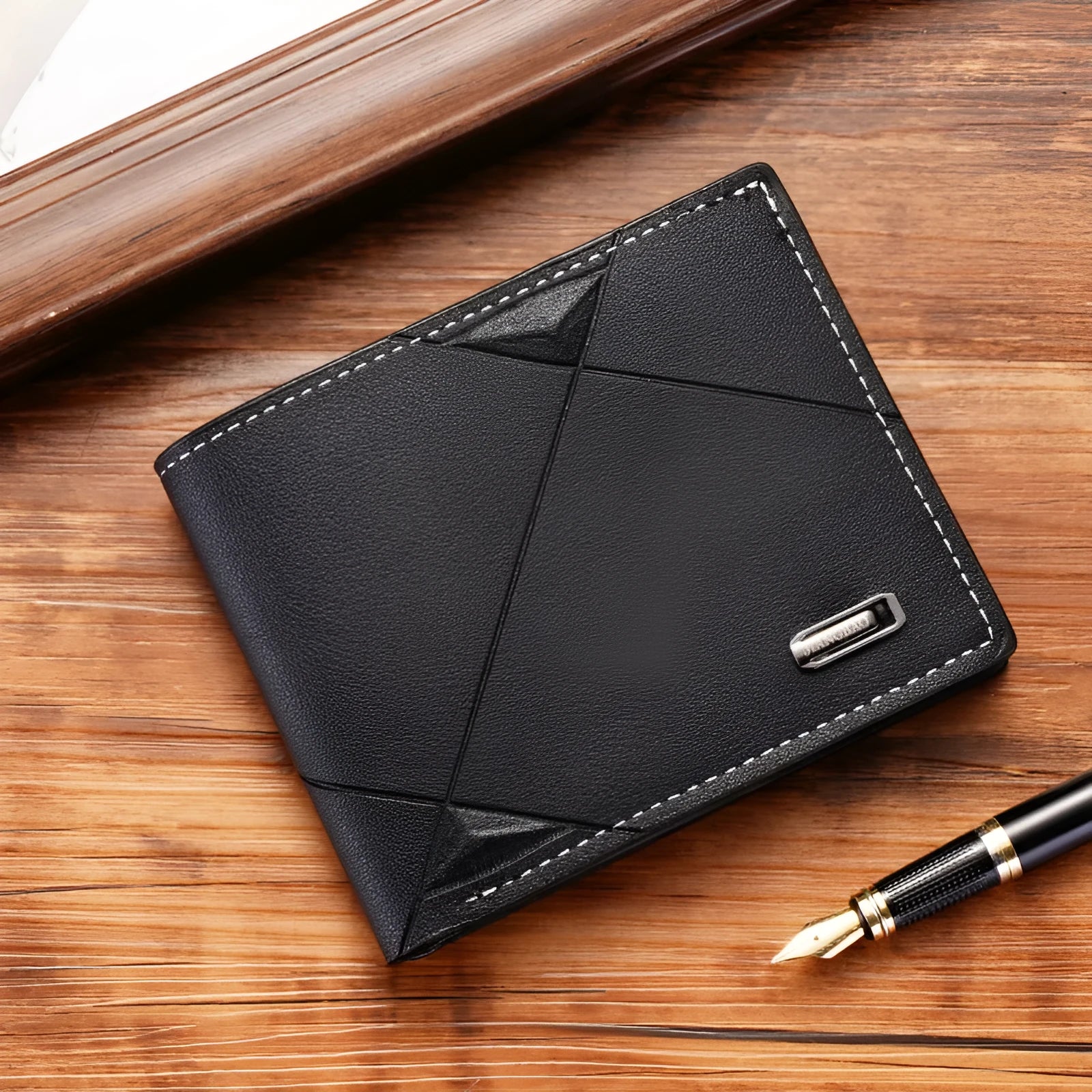 Men's thin black three-fold horizontal PU leather wallet with multiple card slots open.