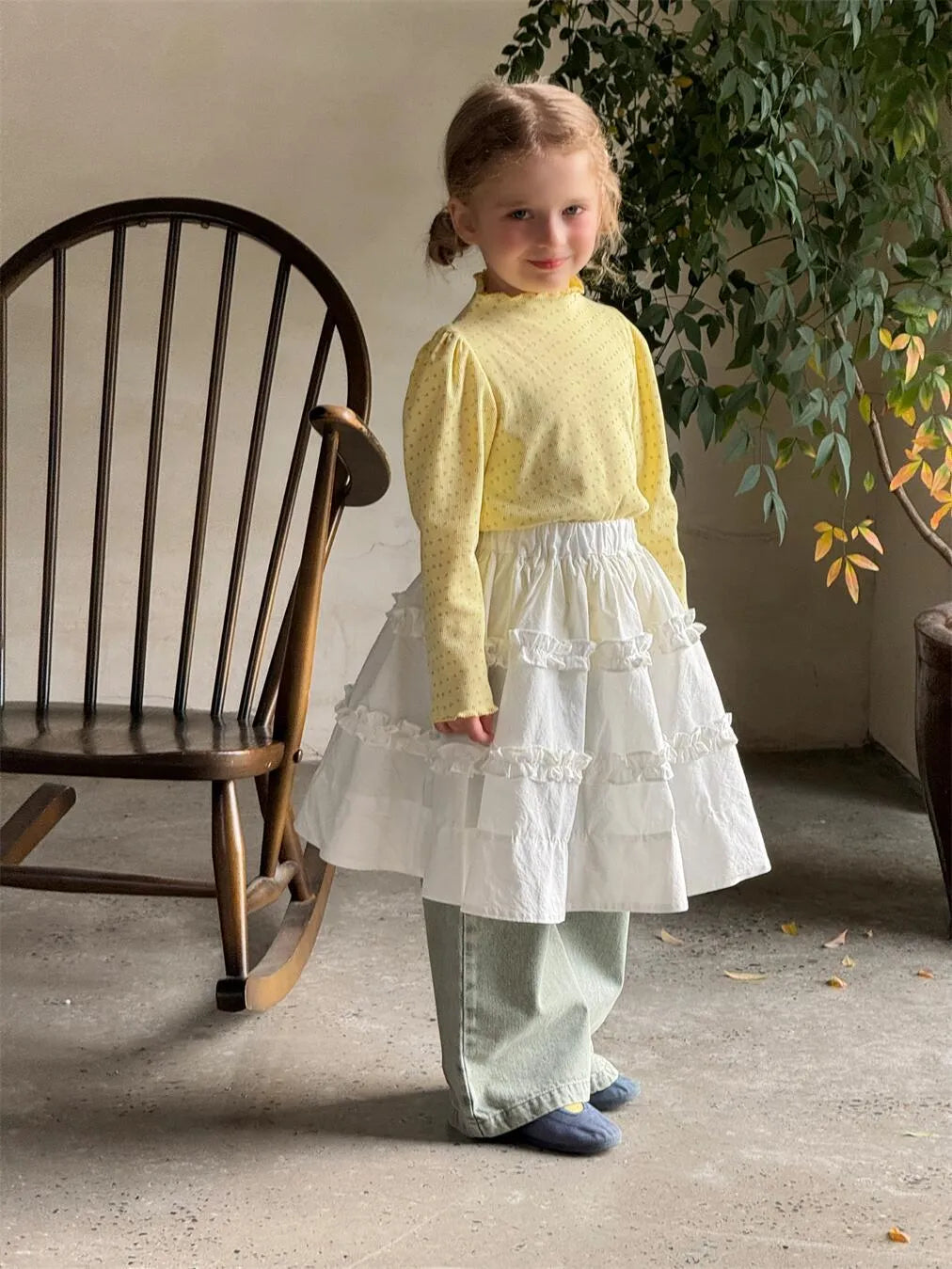 Girls' yellow cotton floral knitted pullover with wooden ear detail and bubble sleeves, long sleeve top