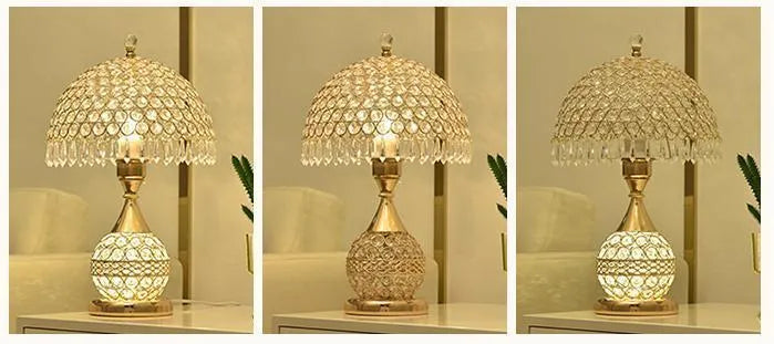 Gold crystal desk lamp with hand-finished pendant and iron art base on wooden surface