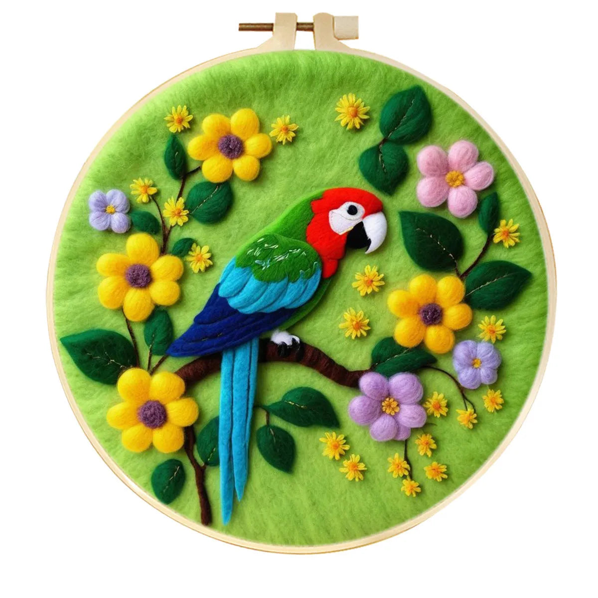 Round linen embroidery frame with wool felt floral decoration kit for three-dimensional wall art