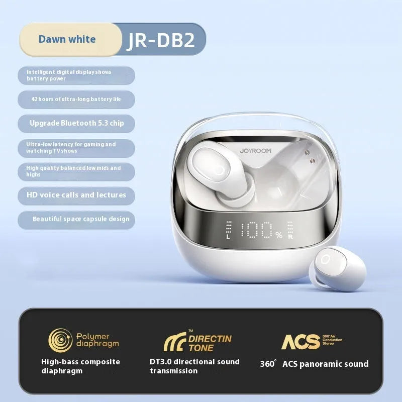 Dawn White wireless noise-cancelling earbuds in a compact charging case with USB-C cable.