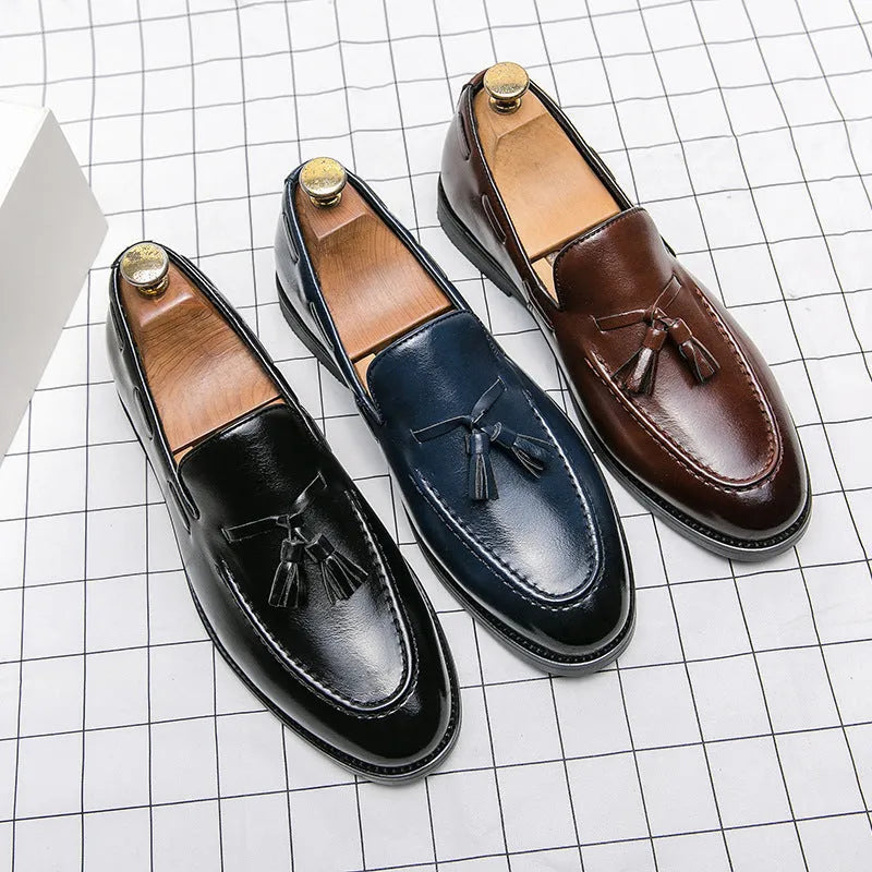 Men's tassel slip-on shoes, low top artificial PU upper, black brown blue, sizes 38 to 46