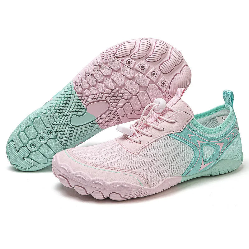 Five finger non-slip upstream shoes in army green with low-top Lycra upper and rubber sole.