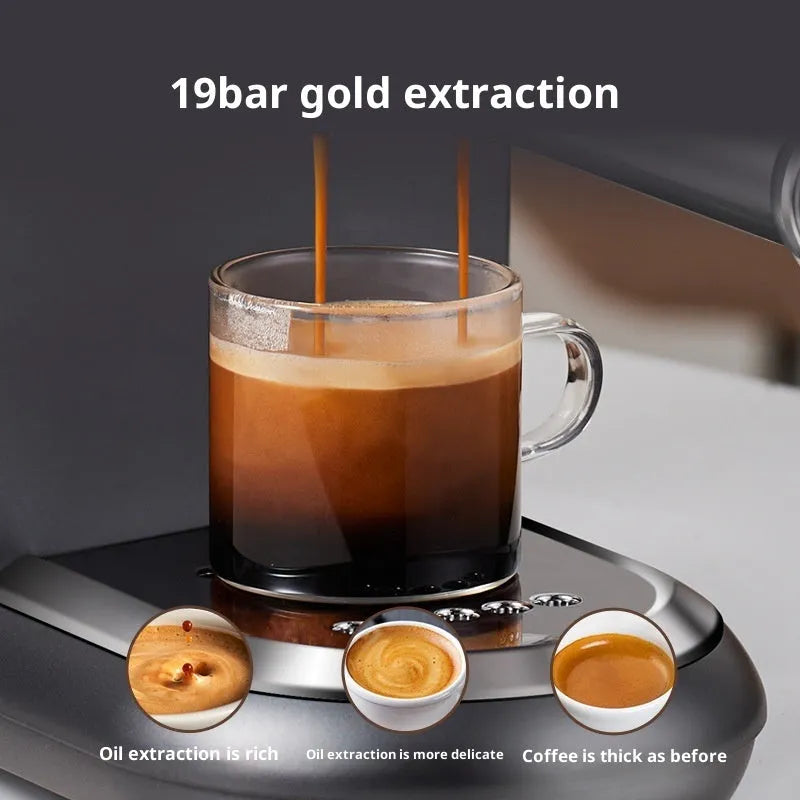 Dark gray espresso coffee machine with steam wand and control panel on countertop