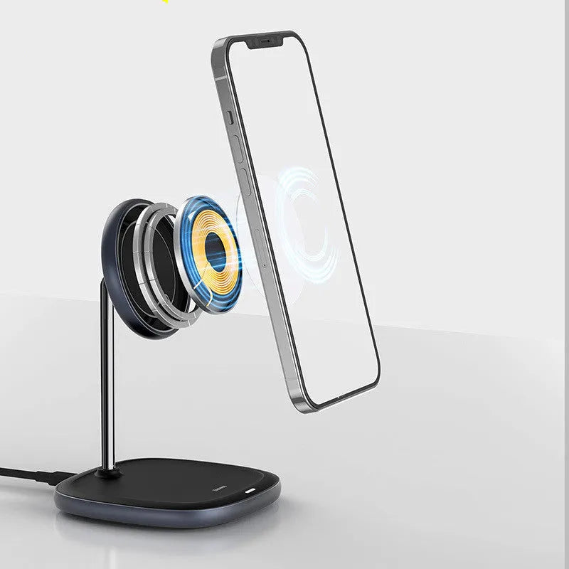 Swan black magnetic wireless charging stand holding an iPhone with a visible cable.