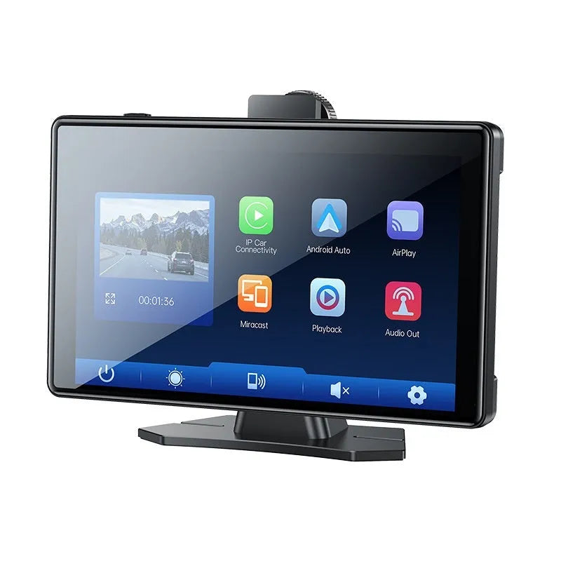 9 inch black vehicle navigation unit with capacitive touch screen showing map and dual camera recording icon