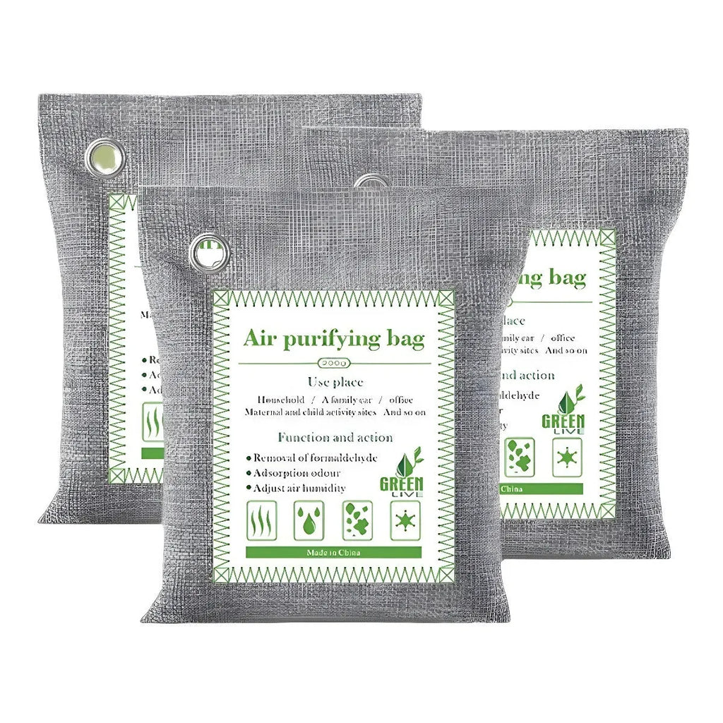 Sewn fabric bag filled with black bamboo activated charcoal for air purification.