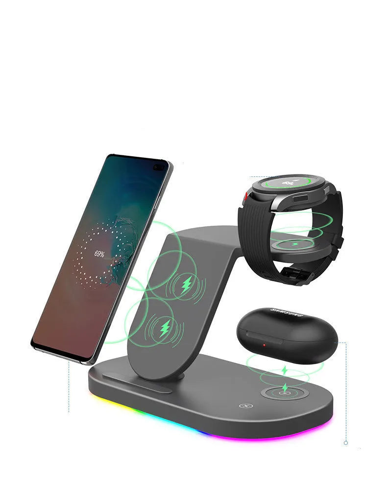 Three-in-one fast wireless charger in black or white for phone, watch, and headphones