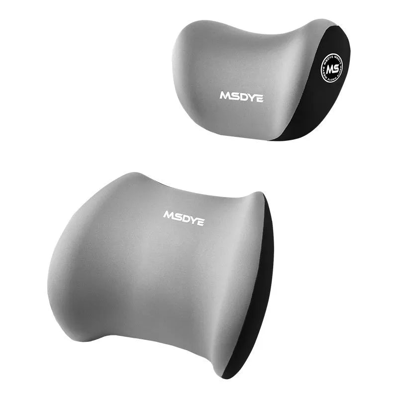 Memory foam car headrest and lumbar support pillow set with milk silk cover in black, showing both pillows.