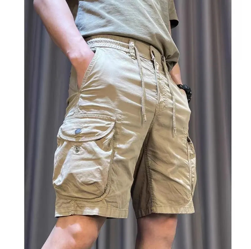 Korean style loose straight-leg casual overalls trousers with multiple pockets in khaki colour.