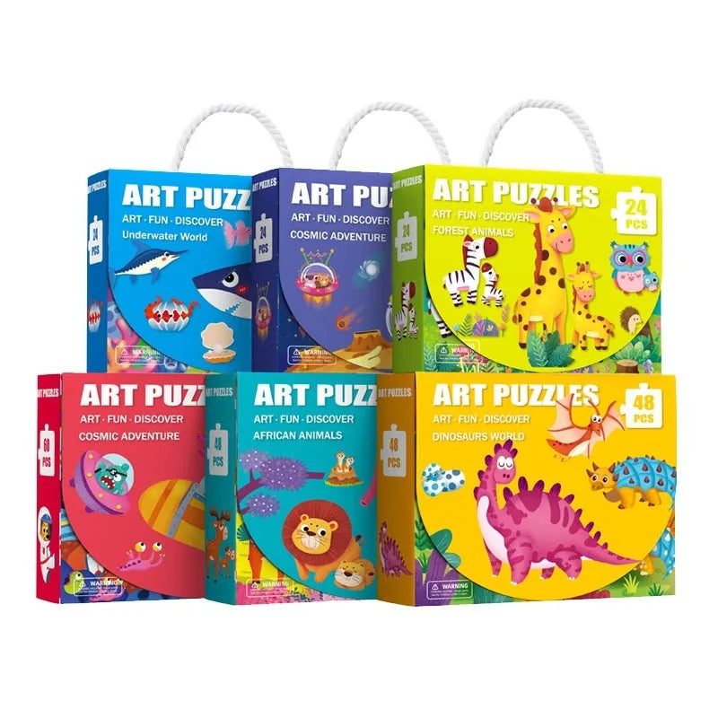 Paper kids jigsaw puzzle in colour box, 23x18x6.5cm, animal, space, dinosaur themes, ages 4-6