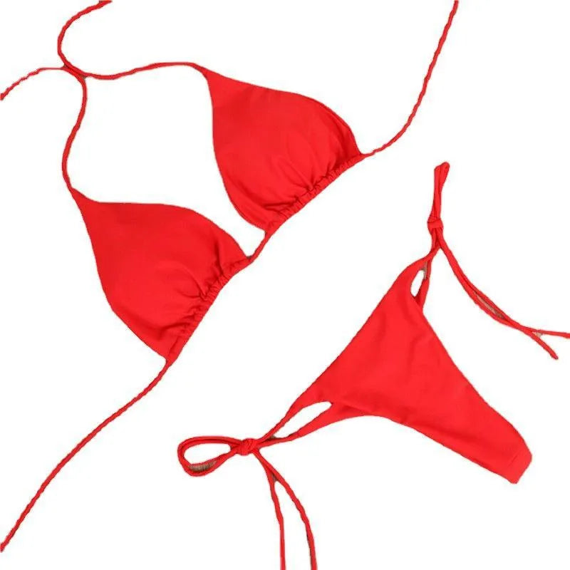 Halter neck tie bikini in milk silk fabric with split side ties, available in multiple colours and sizes S to XL