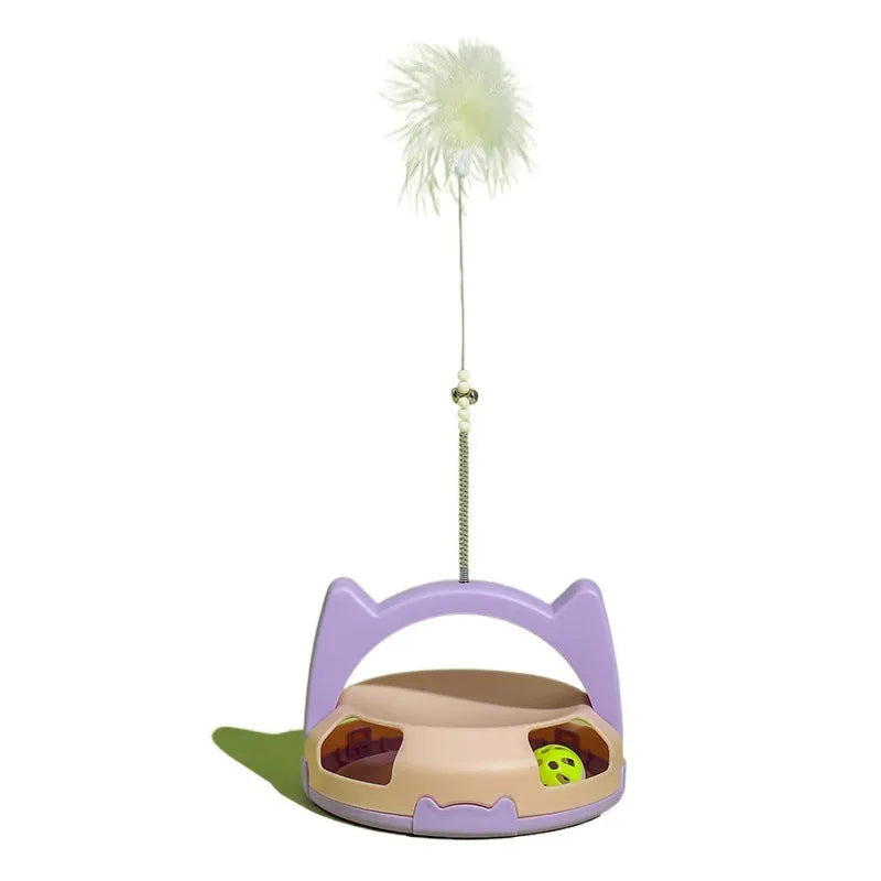 Bite resistant cat stick toy with a coloured spinning ball for interactive indoor play.