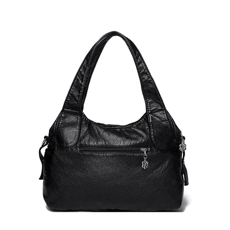 Women's large capacity washed leather PU handbag in black, light brown or blue with slit pocket