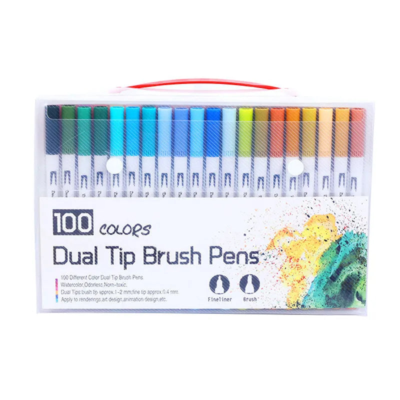 Set of watercolour pens in a case showing multiple colour options for artistic use.