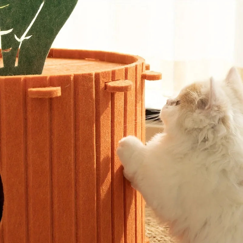 Carrot-shaped grey felt cat tunnel nest with a semi-enclosed opening, shown in two size options.