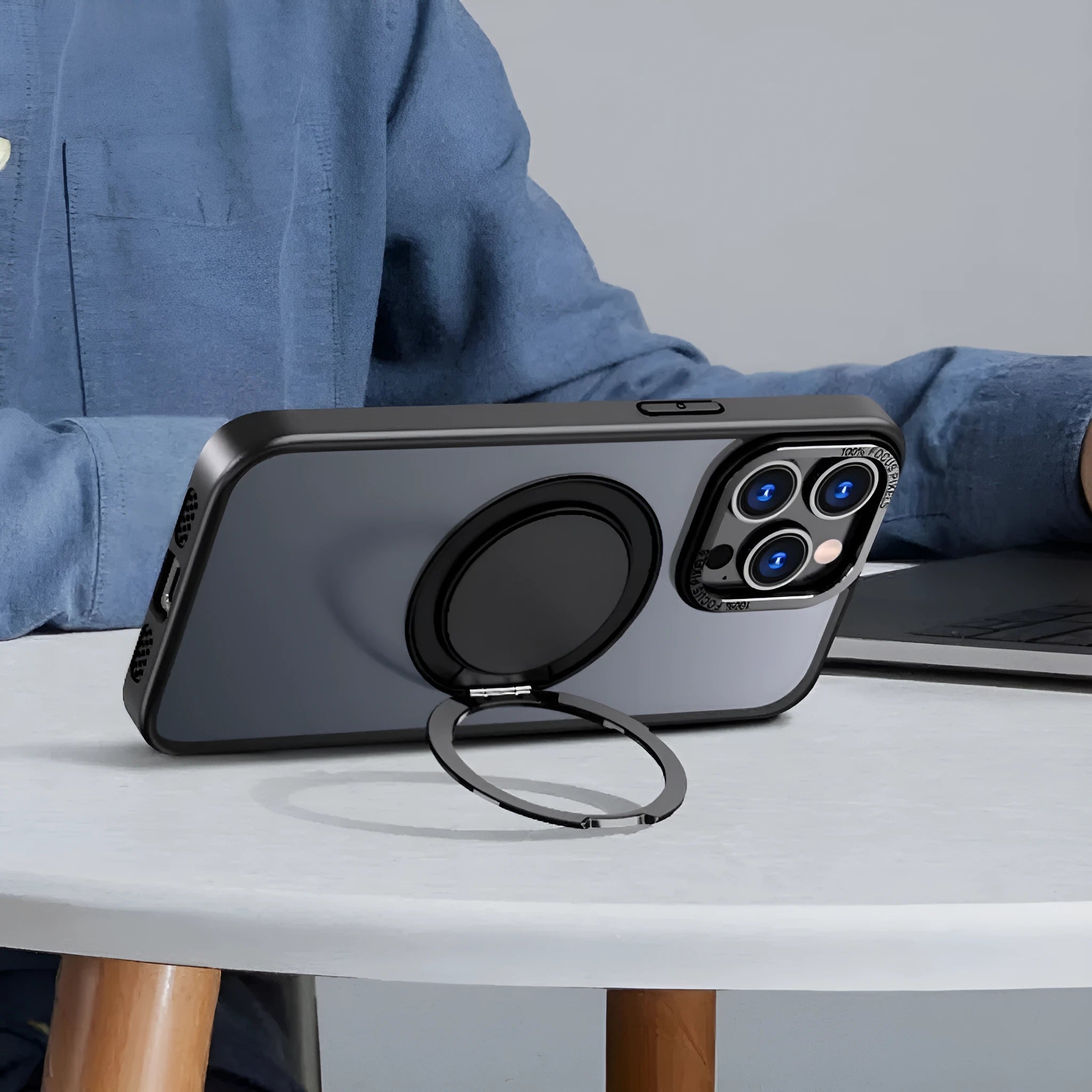 Gear 360 rotating bracket protective phone case in black for iPhone 14 showing bracket extended for hands-free viewing