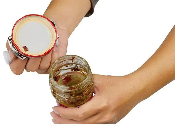 White stainless steel adjustable bottle opener with ABS plastic handle showing gear mechanism
