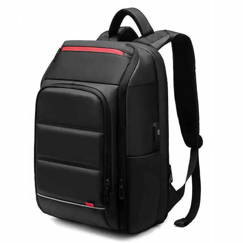 Black waterproof PVC backpack with USB charge port and compartments for 15.6 inch laptop