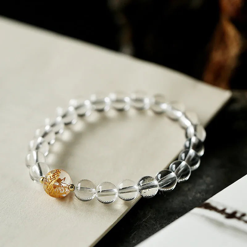 Geometry bracelet with obsidian and white crystal beads, dragon charm, adjustable 14-16cm wrist