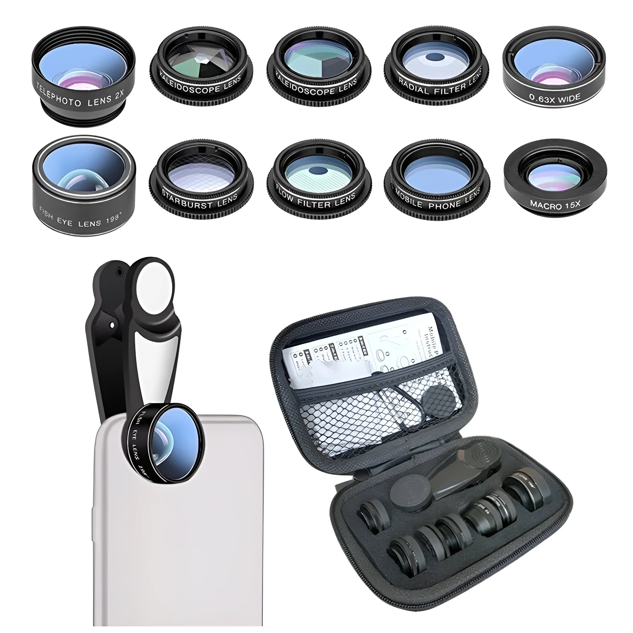 Black ten-in-one smartphone camera lens kit with fisheye, macro, and wide angle external lenses.