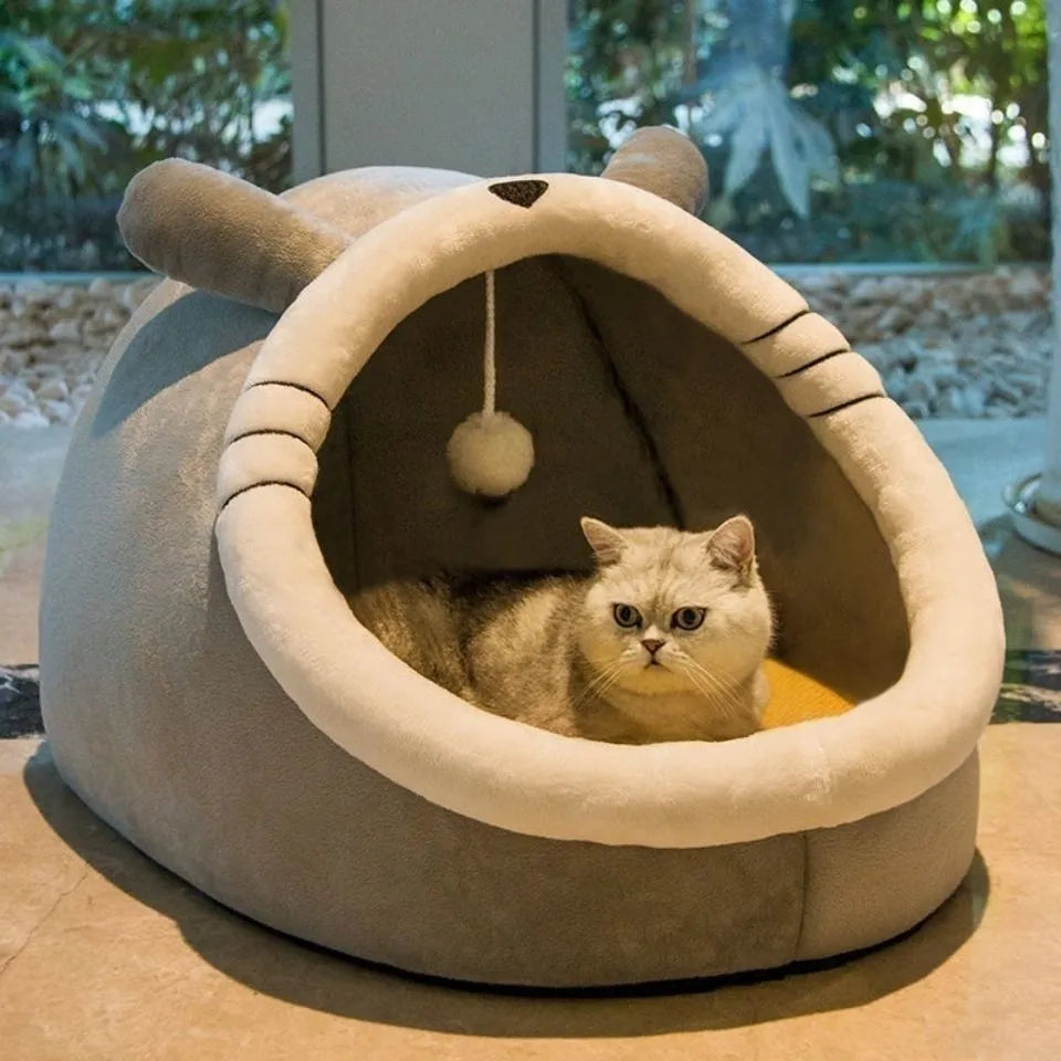 Light gray Totoro semi-closed pet bed with upgrade thickening for small cats placed indoors