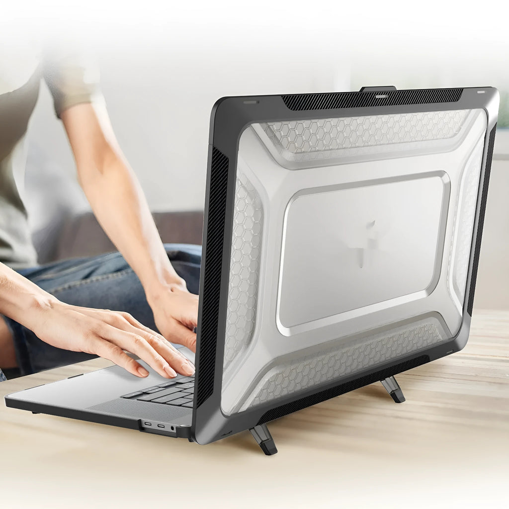 MacBook protective shell case shown in cool black, starry sky grey, elegant apricot, and sapphire blue colours.