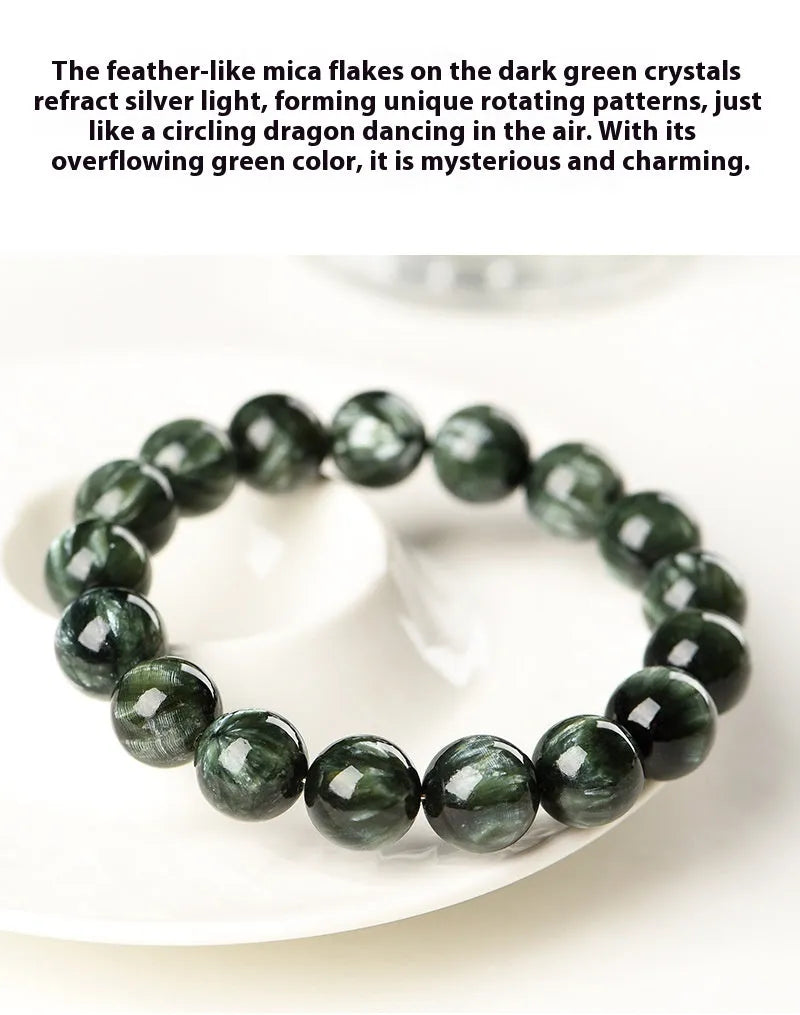 Green Dragon Crystal bracelet with 8-9mm round beads on a white background.