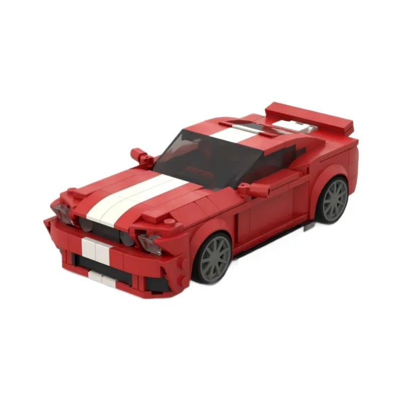 Red plastic building block model of a Ford wild horse Shelby GT500 V2 sports car on a surface