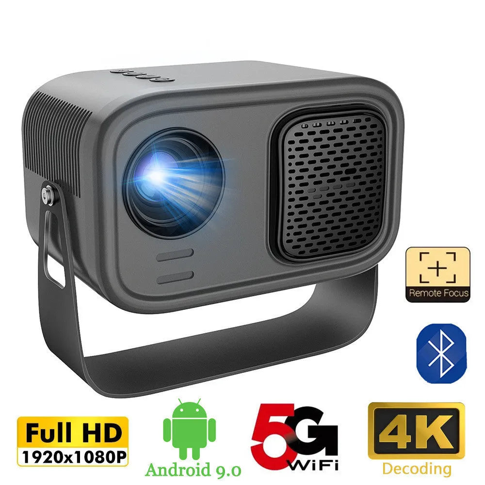Black portable HD projector with remote control and cables for home office presentations