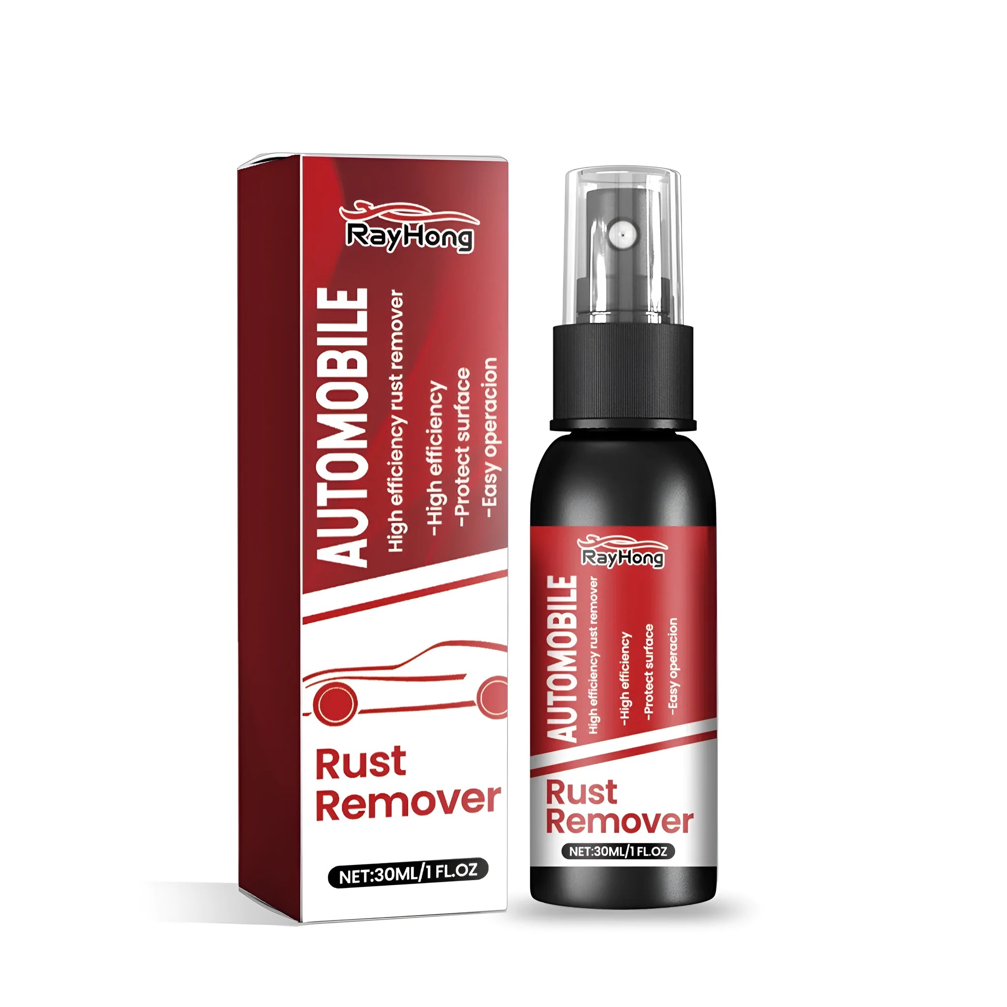 Compact bottle of automotive rust remover spray for treating corrosion on car metal.