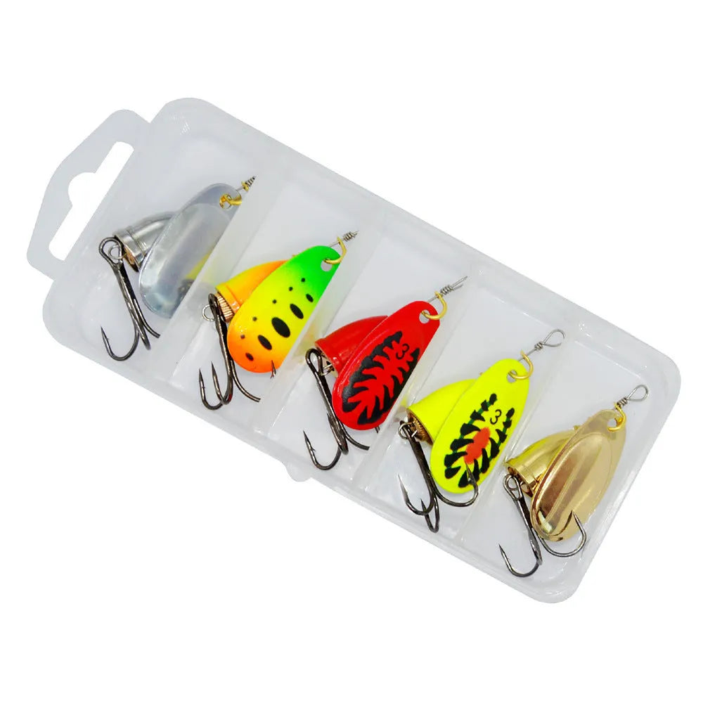 R composite rotating sequins copper bell metal fishing lure in multiple colour options on a white background.