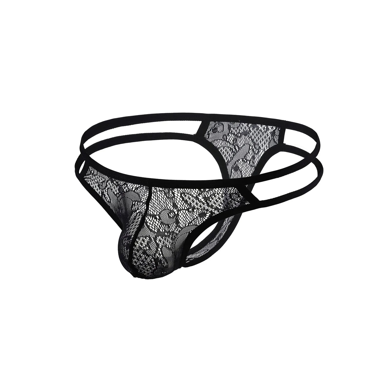 Men's lace see through mesh hollow out underwear low waist belt in black, white, and beige polyester knit