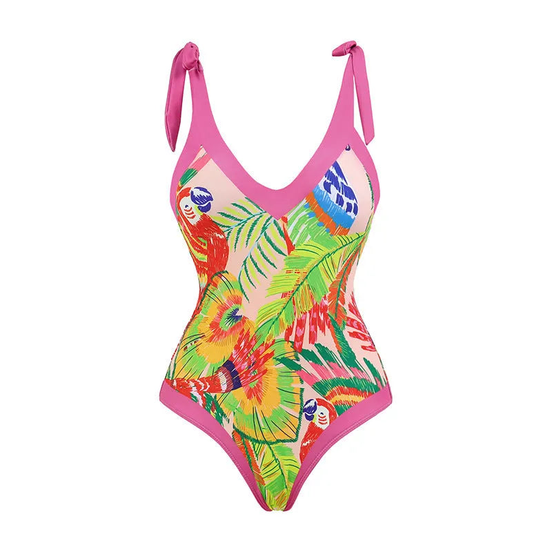 Retro floral print one-piece swimsuit with V-neck, covered belly, and attached thin skirt in pink
