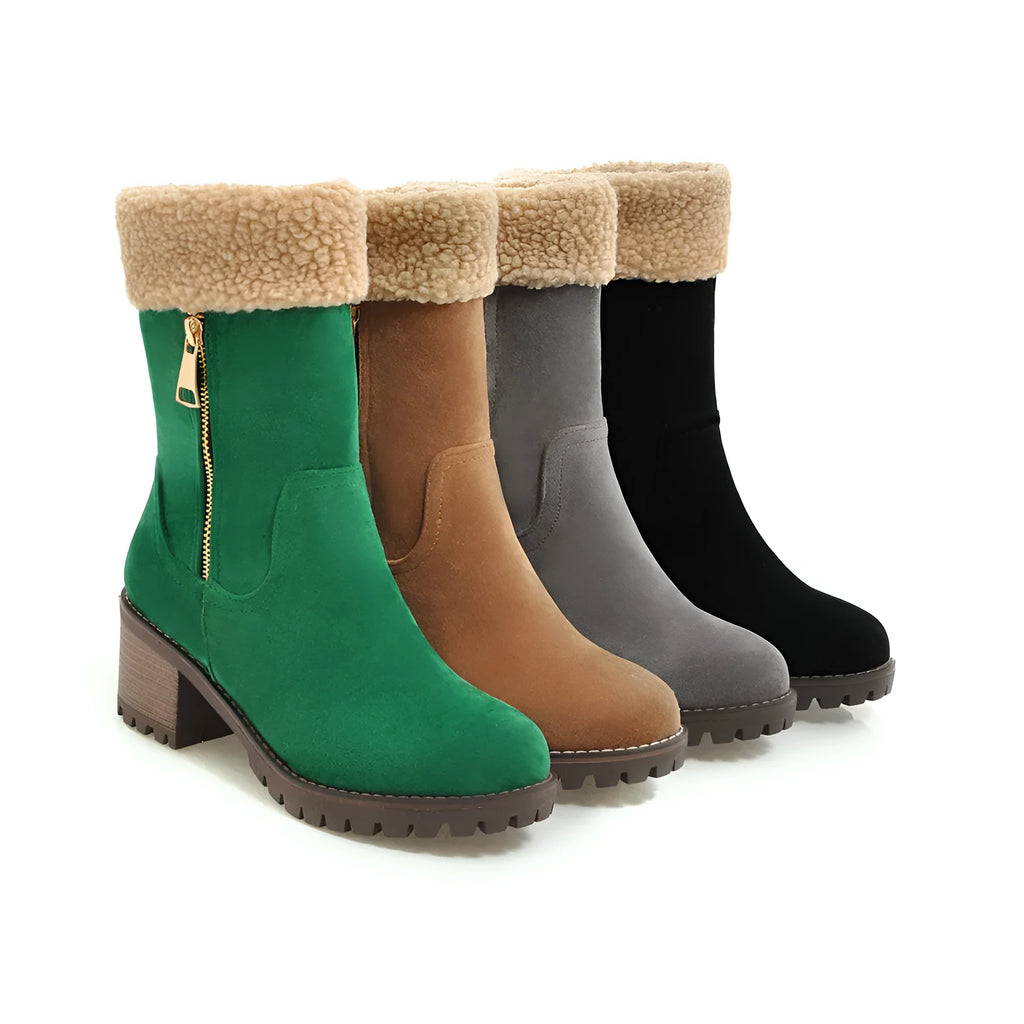 Men's black snow boot with thick rubber sole and warm lining, shown on a winter background.