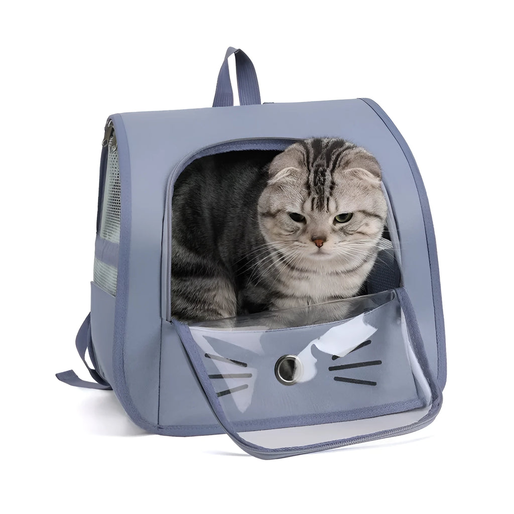 Oxford fabric pet carrier backpack for cats and small dogs, 35x35x25cm, in blue, grey, white, or yellow.