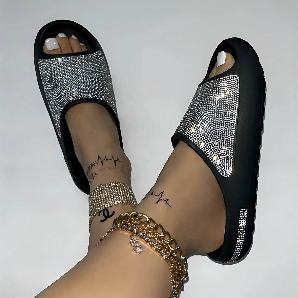 Apricot and black rhinestone peep-toe slippers for women with thick EVA sole and cloth lining, sizes 37 to 42