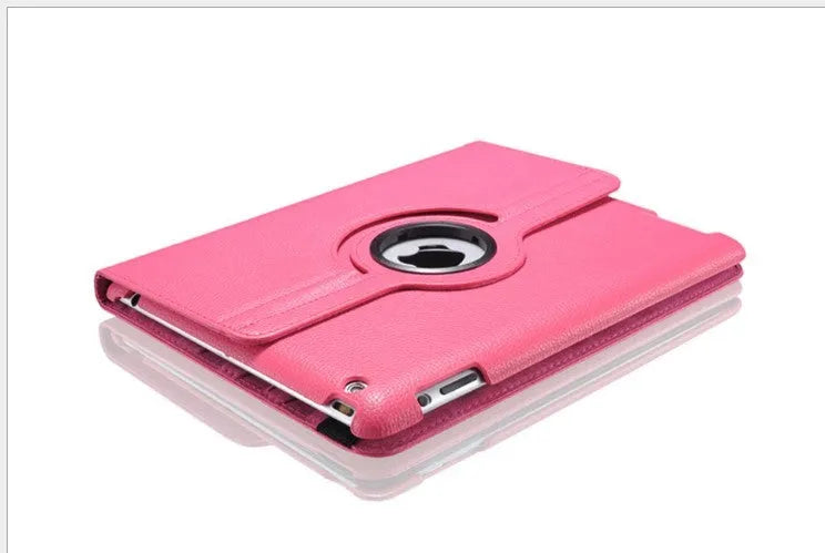 iPad PU leather rotary case in clam shell design shown in multiple colour options on a tablet.