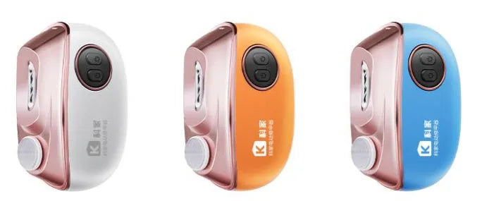 Blue, orange, and white electric nail clipper and polisher two-in-one device with USB charging cable and cleaning brush.