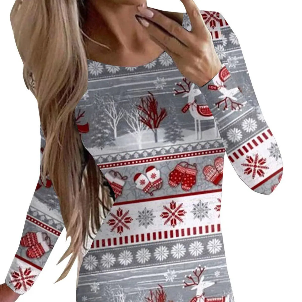 Red printed Christmas dress with animal pattern, round neck, long sleeves, and a tight-fitting hip skirt.