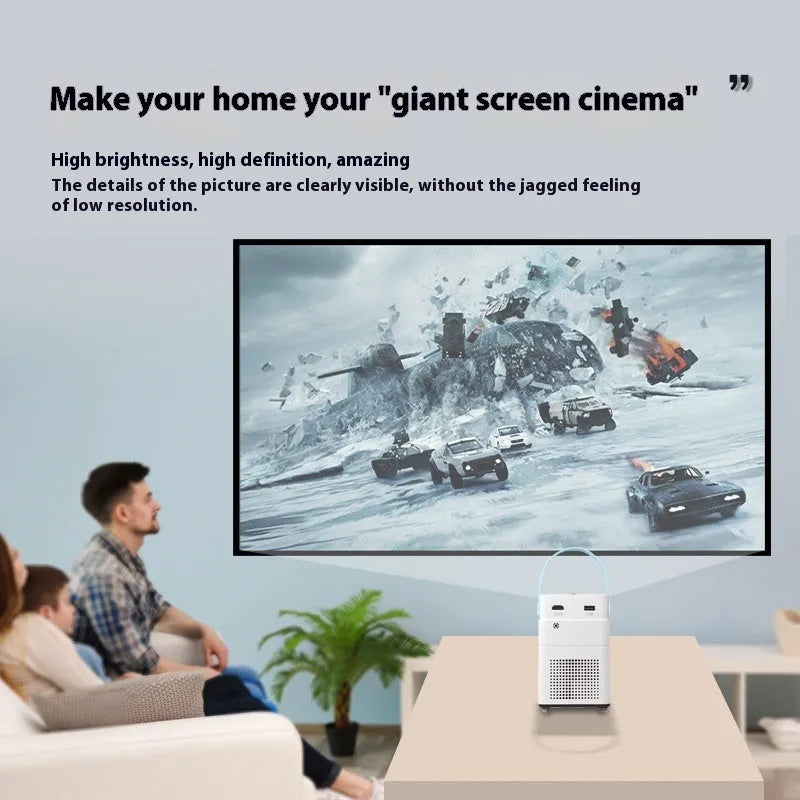 Smart HD home projector with remote control showing 1280x800 resolution display