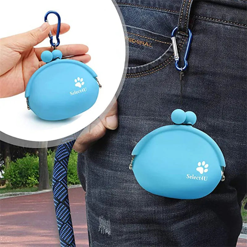 Yellow silicone dog treat pouch with hook and loop closure on a waist belt for portable training treat storage